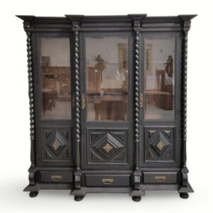 Grand Baroque Revival Ebonised Display Cabinet with Glass Doors and Carved Panels