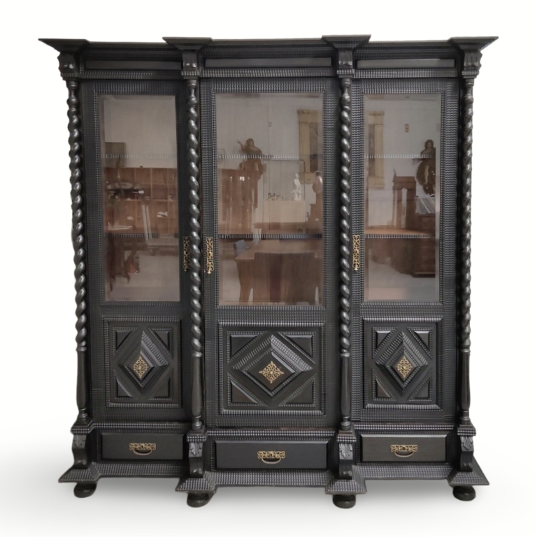 Grand Baroque Revival Ebonised Display Cabinet with Glass Doors and Carved Panels