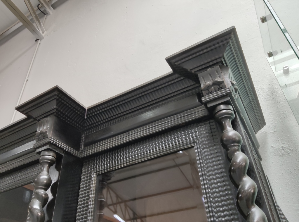 Grand Baroque Revival Ebonised Display Cabinet with Glass Doors and Carved Panels - Image 10