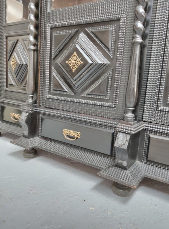 Grand Baroque Revival Ebonised Display Cabinet with Glass Doors and Carved Panels - Image 11