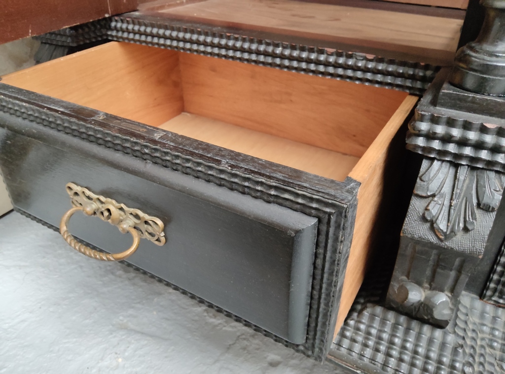 Grand Baroque Revival Ebonised Display Cabinet with Glass Doors and Carved Panels - Image 7