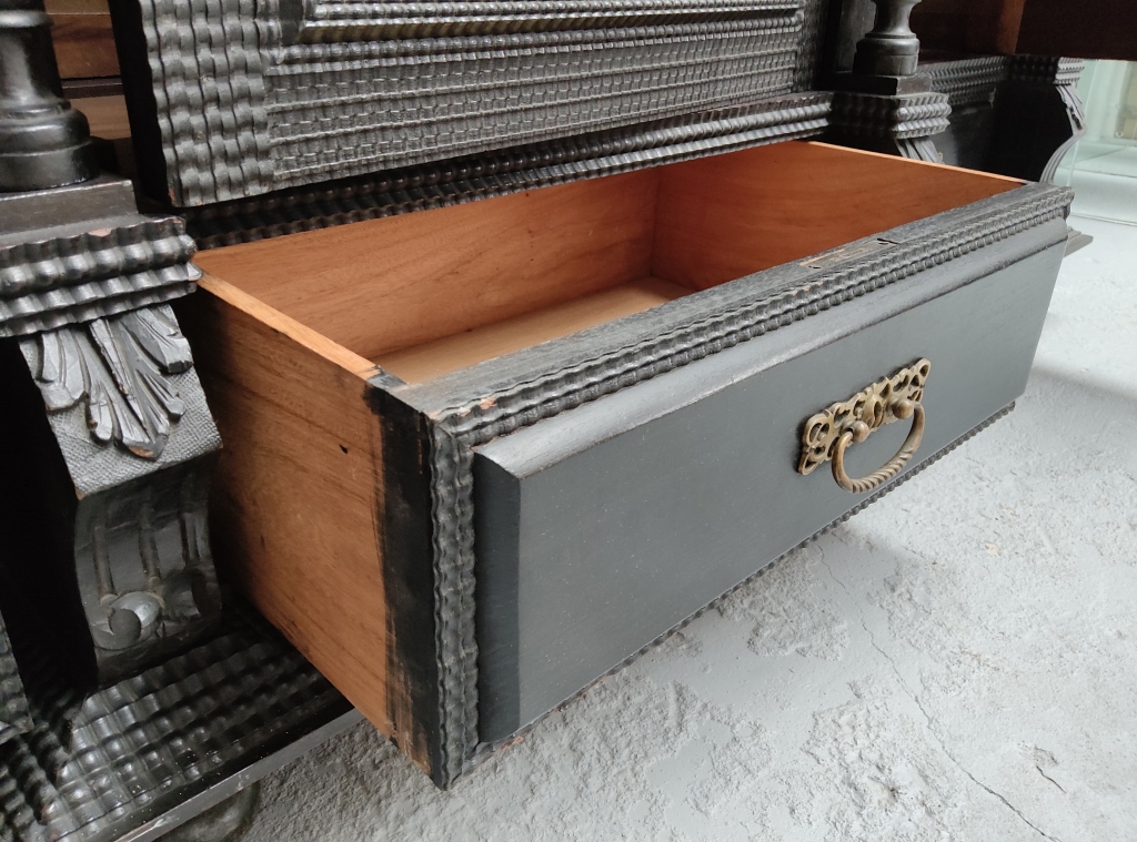 Grand Baroque Revival Ebonised Display Cabinet with Glass Doors and Carved Panels - Image 8