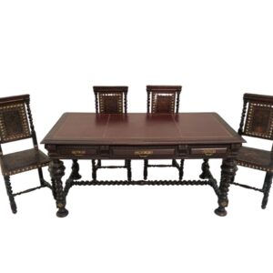 Grand Baroque Revival Walnut Desk with Leather Writing Surface and Four Chairs