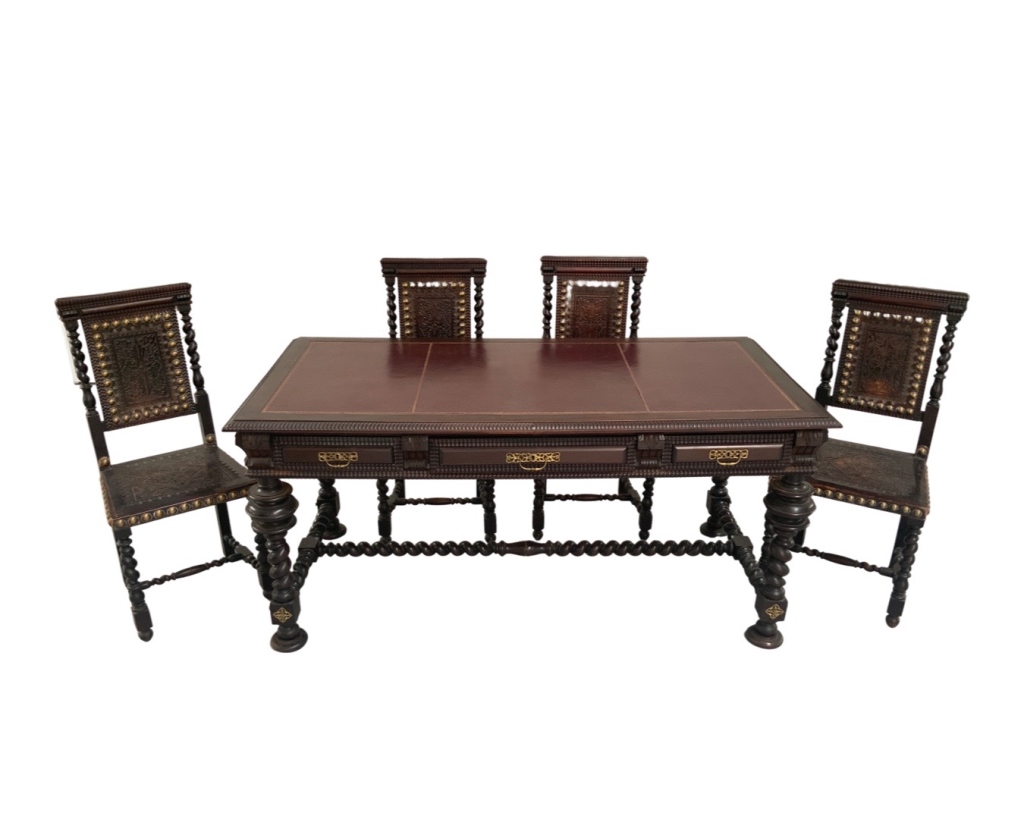 Grand Baroque Revival Walnut Desk with Leather Writing Surface and Four Chairs