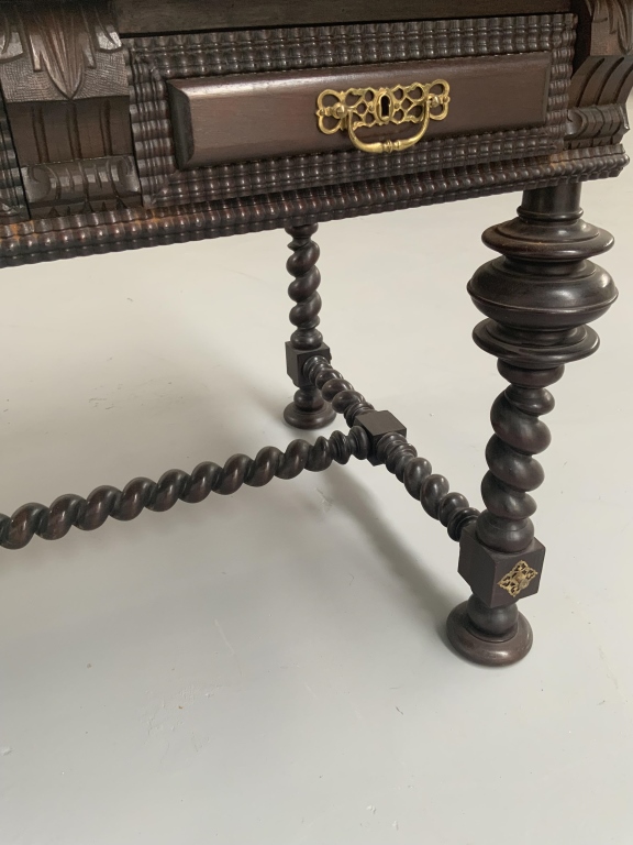 Grand Baroque Revival Walnut Desk with Leather Writing Surface and Four Chairs - Image 11