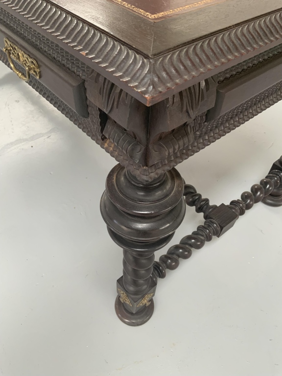 Grand Baroque Revival Walnut Desk with Leather Writing Surface and Four Chairs - Image 12