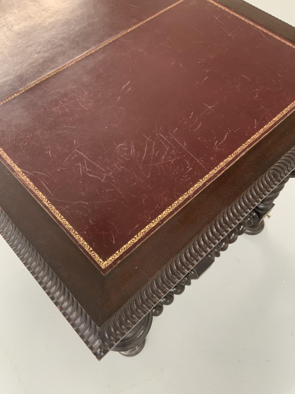 Grand Baroque Revival Walnut Desk with Leather Writing Surface and Four Chairs - Image 13