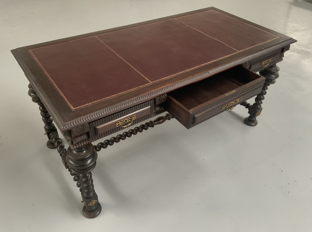 Grand Baroque Revival Walnut Desk with Leather Writing Surface and Four Chairs - Image 2