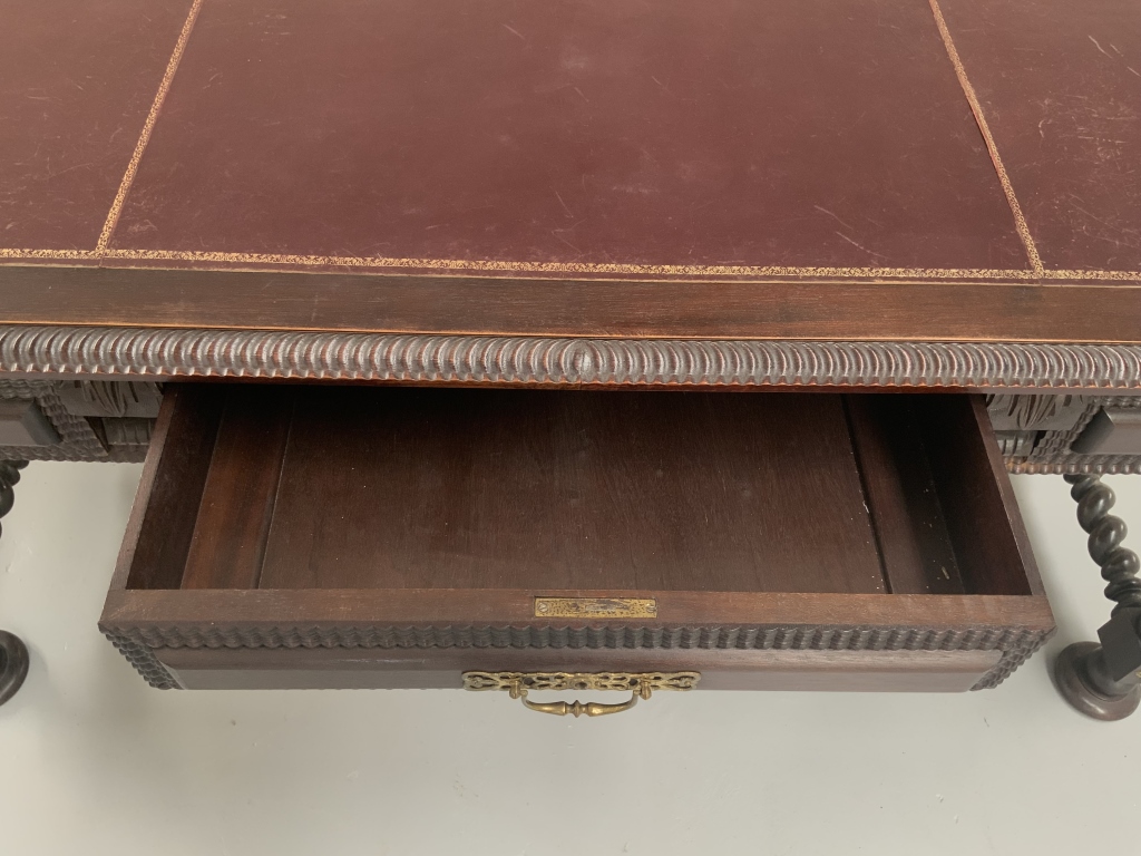 Grand Baroque Revival Walnut Desk with Leather Writing Surface and Four Chairs - Image 3