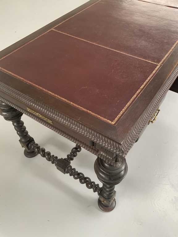 Grand Baroque Revival Walnut Desk with Leather Writing Surface and Four Chairs - Image 4