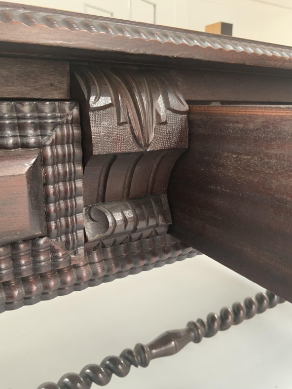 Grand Baroque Revival Walnut Desk with Leather Writing Surface and Four Chairs - Image 6