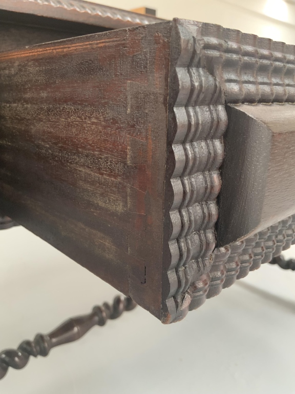 Grand Baroque Revival Walnut Desk with Leather Writing Surface and Four Chairs - Image 7