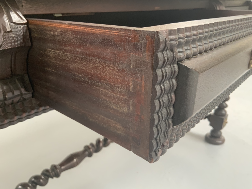 Grand Baroque Revival Walnut Desk with Leather Writing Surface and Four Chairs - Image 8