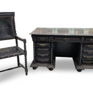 Grand Baroque Revival Writing Desk with Carved Columns and Leather Armchair