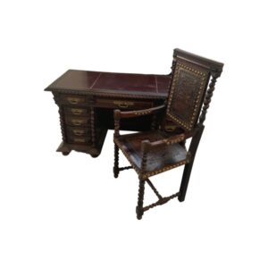 Grand Baroque Revival Writing Desk with Embossed Leather Armchair