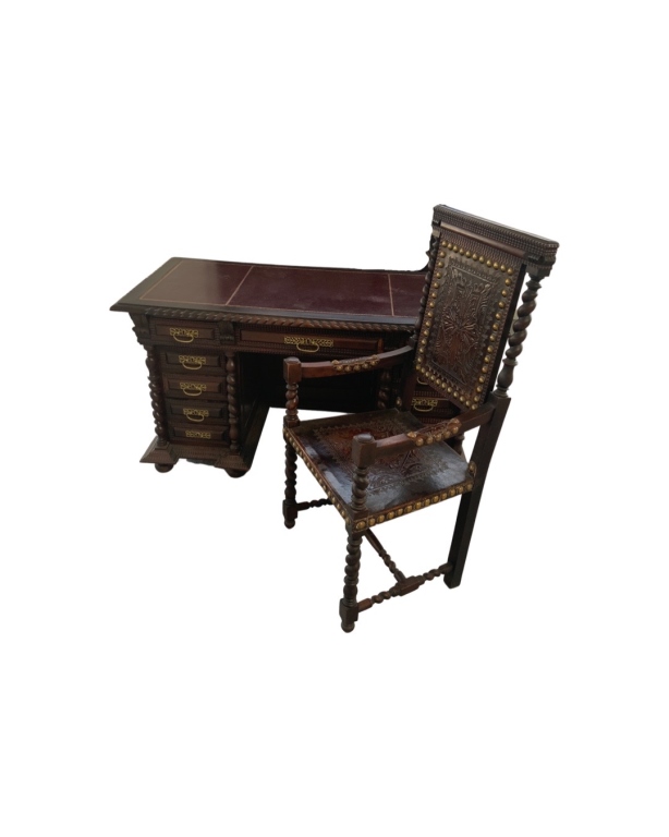 Grand Baroque Revival Writing Desk with Embossed Leather Armchair
