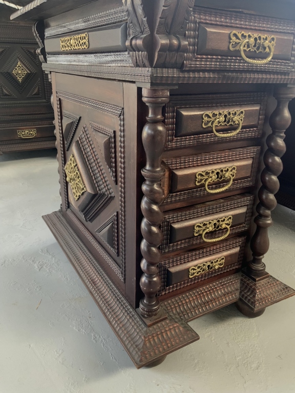 Grand Baroque Revival Writing Desk with Embossed Leather Armchair - Image 2