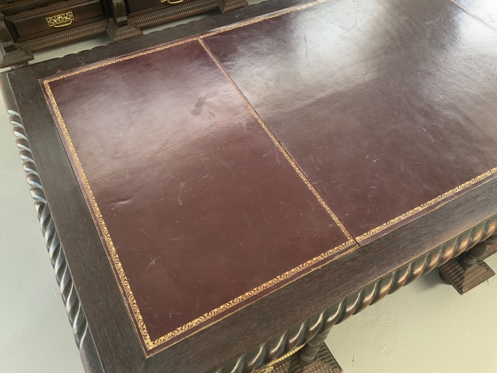 Grand Baroque Revival Writing Desk with Embossed Leather Armchair - Image 9