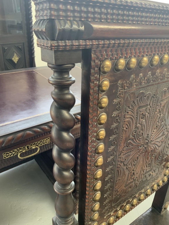 Grand Baroque Revival Writing Desk with Embossed Leather Armchair - Image 6