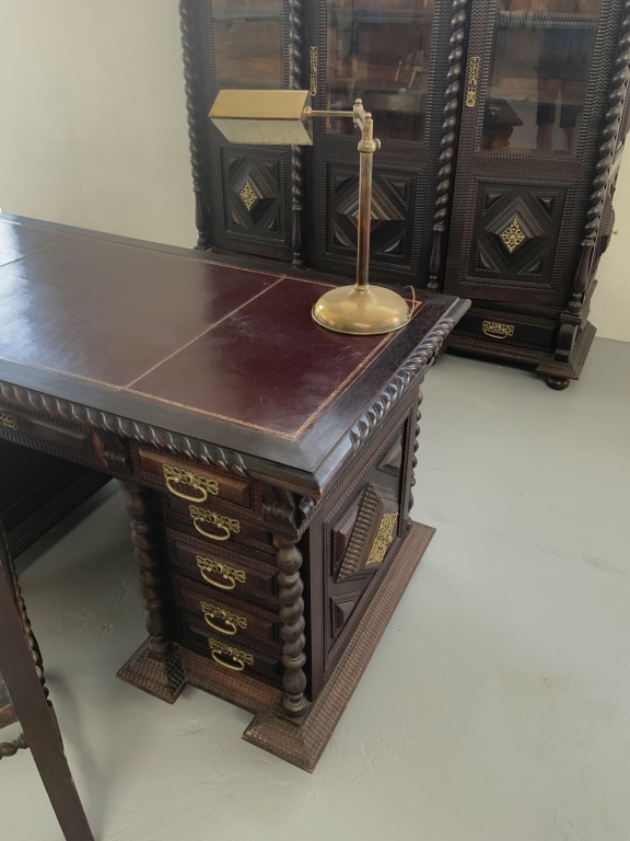 Grand Baroque Revival Writing Desk with Embossed Leather Armchair - Image 3