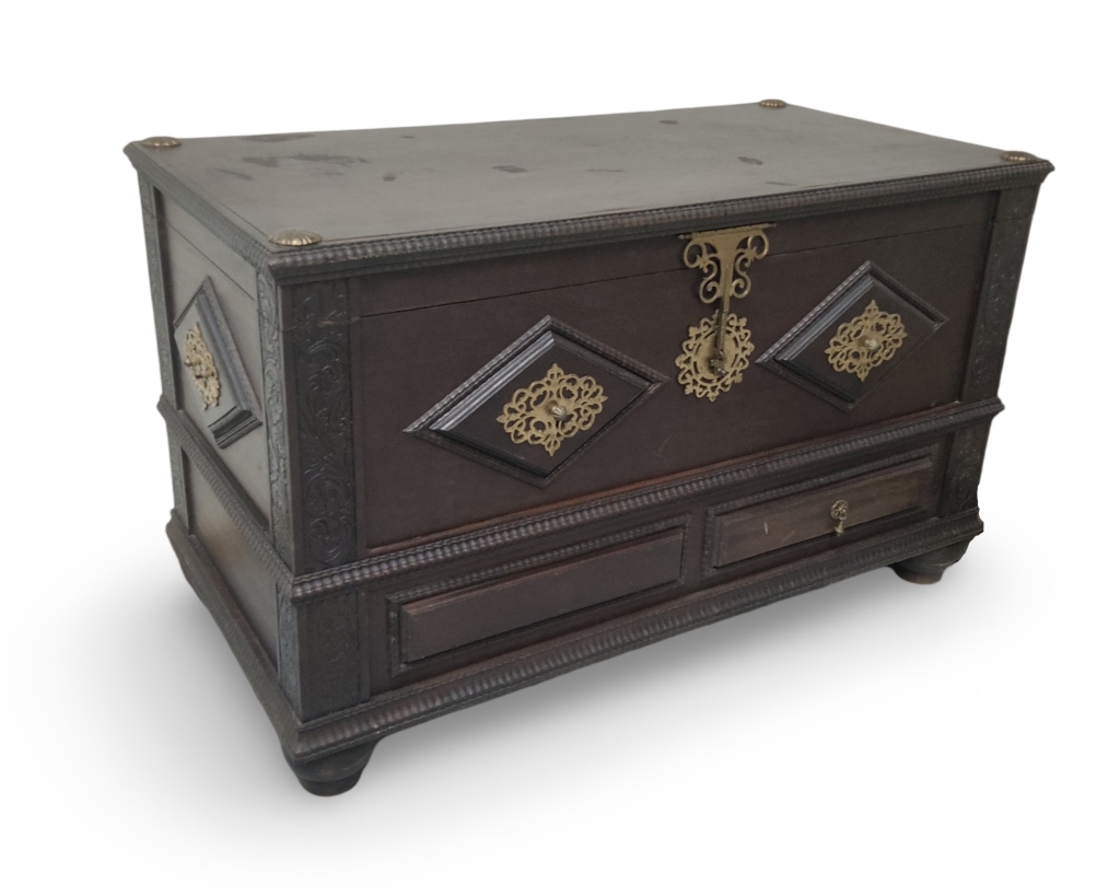 Baroque Revival Ebonised Storage Chest with Brass Mounts