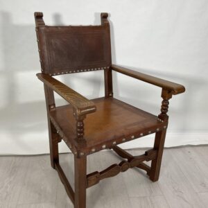 Baroque Revival Solid Wood Armchair with Studded Leather Seat and Back