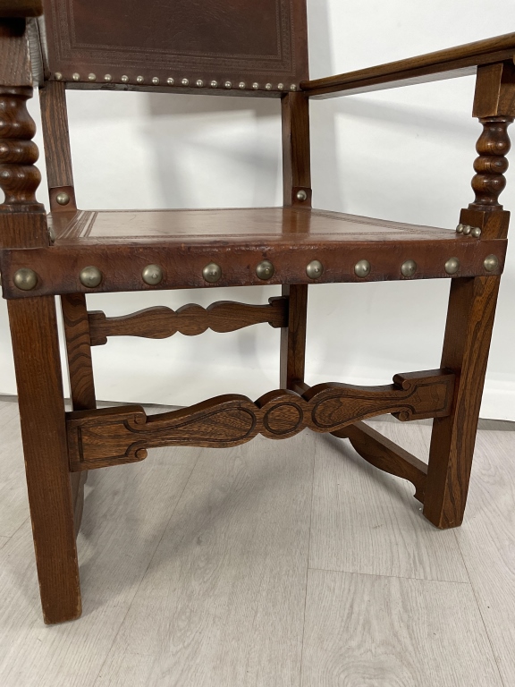 Baroque Revival Solid Wood Armchair with Studded Leather Seat and Back - Image 2