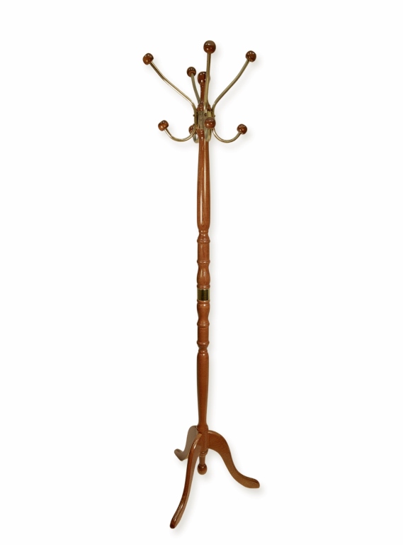 Vintage Solid Wood Hall Stand with Turned Column and Brass Hooks