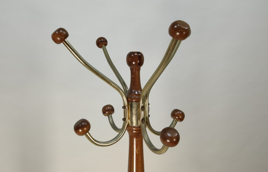 Vintage Solid Wood Hall Stand with Turned Column and Brass Hooks - Image 3